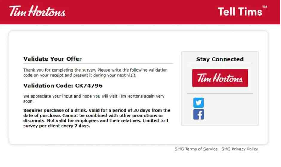 Tell Tims UK Survey validation code